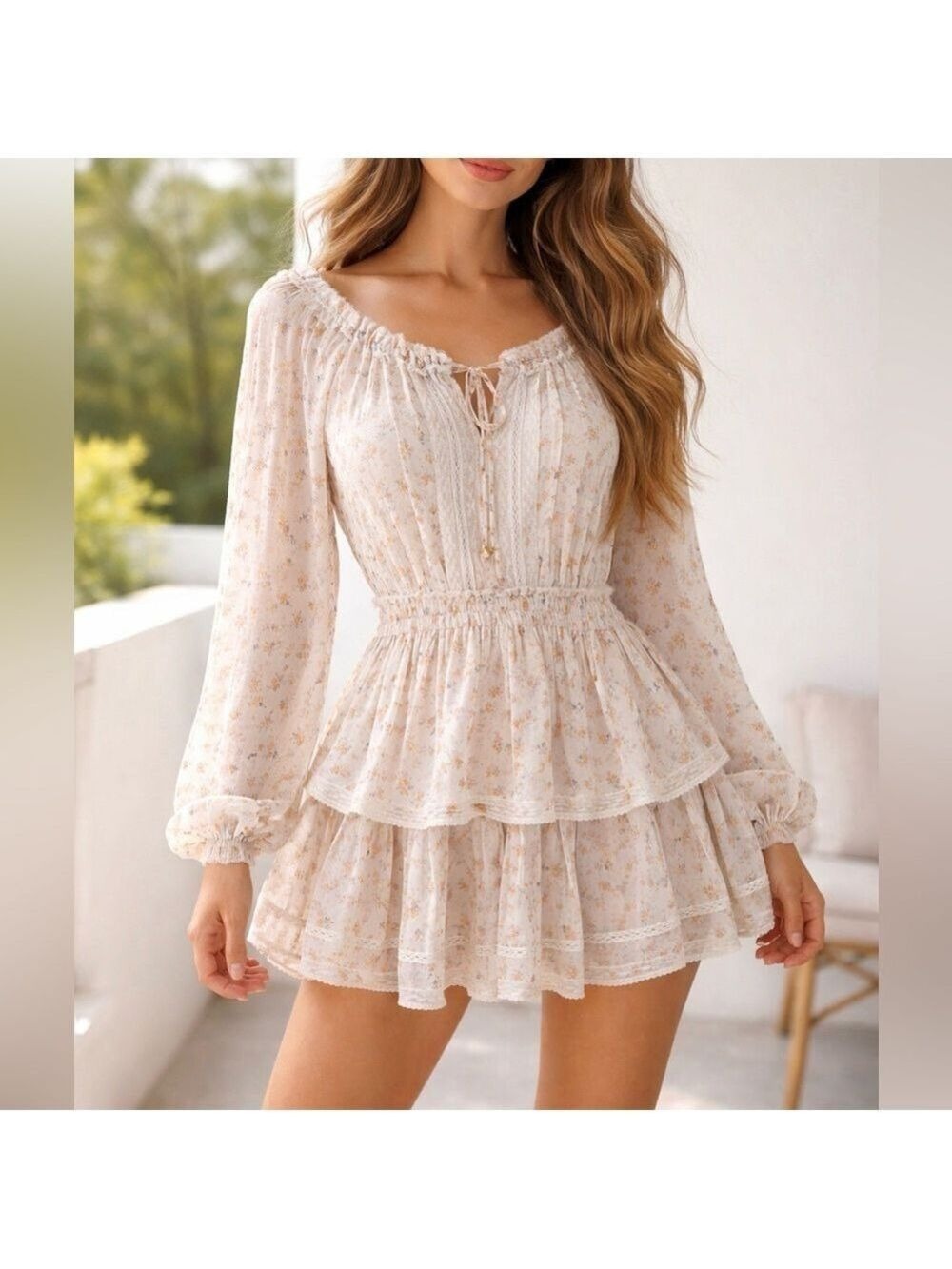 LoveShackFancy silk popover Cream Floral Tiered Ruffle Mini Dress size medium